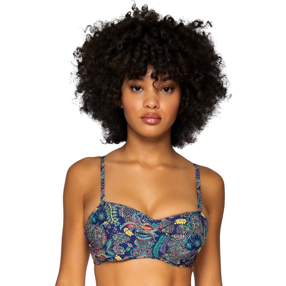 Sunsets Dreamscape Iconic Twist Bandeau Bikini Top Boho Navy Floral 40D 42C NWT